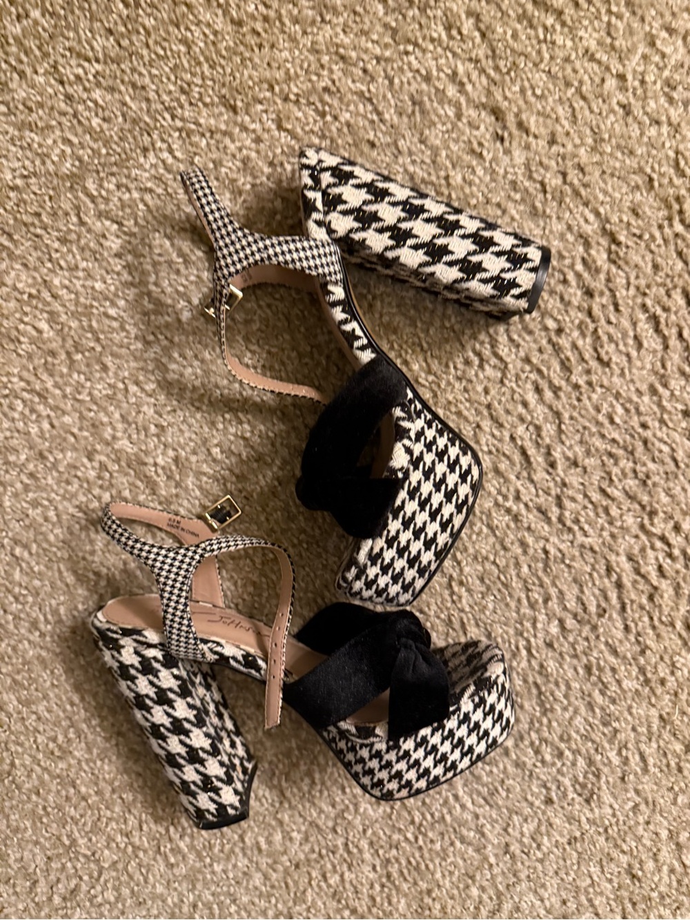 Betsey Johnson Black and White Houndstooth Platform Sandals with Velvet Bow